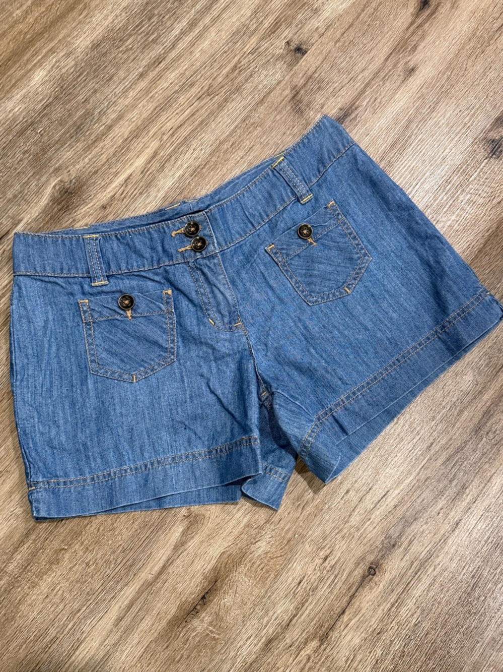 New York & Company Light Medium Blue Chambray Denim Shorts with Button Detail